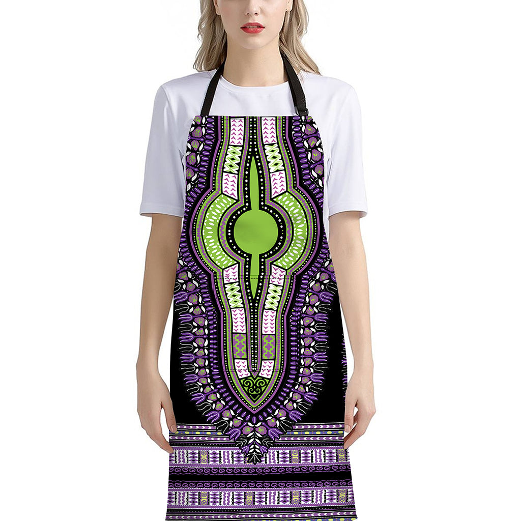 Black And Purple African Dashiki Print Bib Apron With Pocket