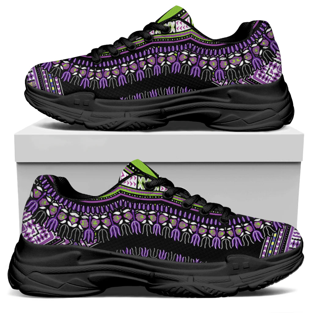 Black And Purple African Dashiki Print Black Chunky Shoes