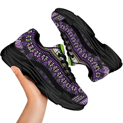 Black And Purple African Dashiki Print Black Chunky Shoes