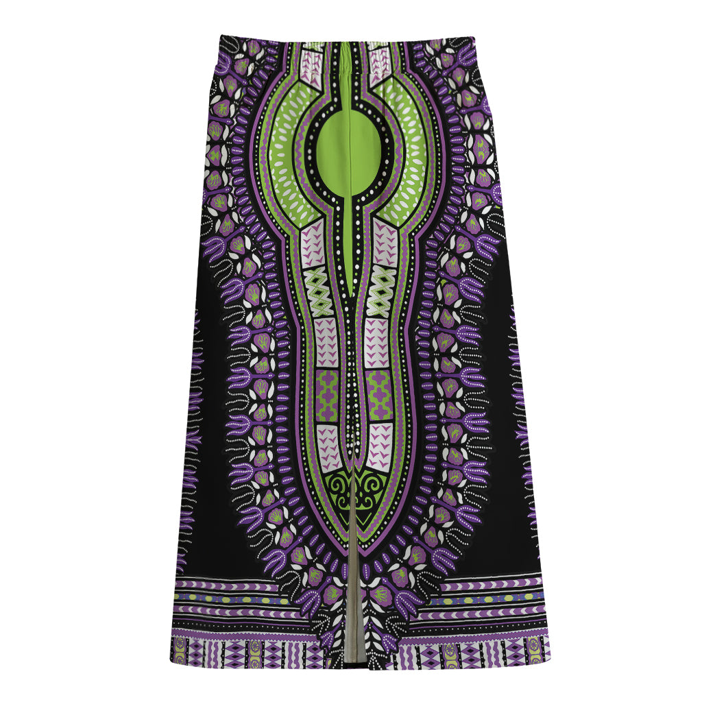Black And Purple African Dashiki Print Cotton Front Slit Maxi Skirt