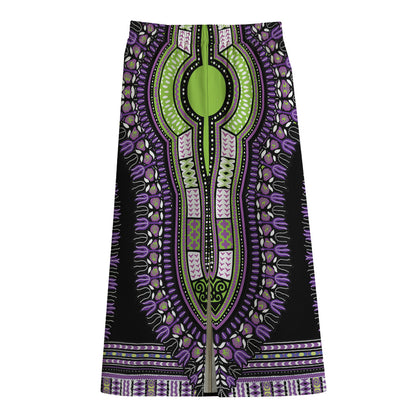 Black And Purple African Dashiki Print Cotton Front Slit Maxi Skirt
