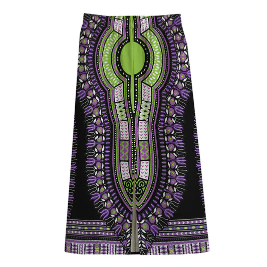 Black And Purple African Dashiki Print Cotton Front Slit Maxi Skirt
