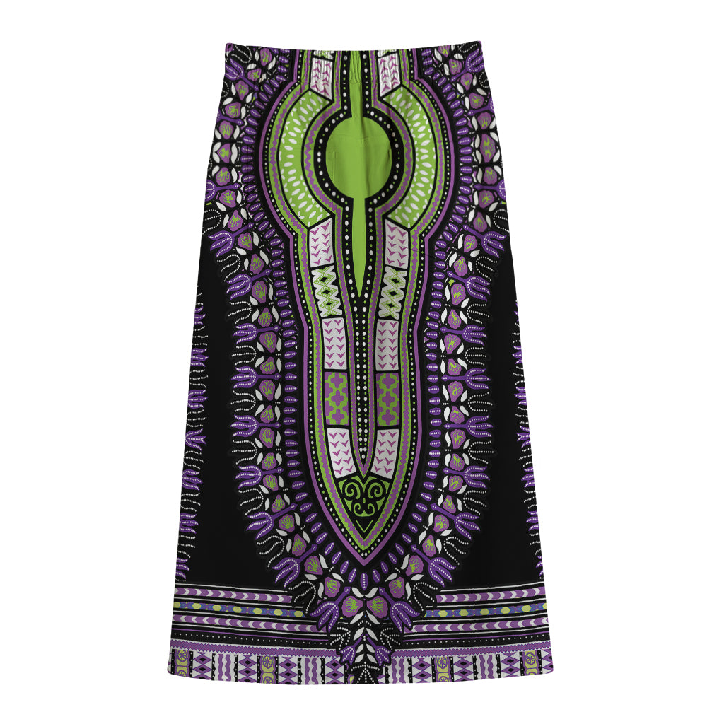 Black And Purple African Dashiki Print Cotton Front Slit Maxi Skirt