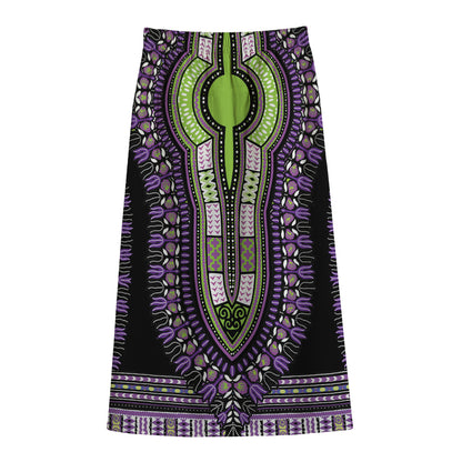Black And Purple African Dashiki Print Cotton Front Slit Maxi Skirt