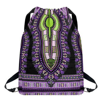 Black And Purple African Dashiki Print Drawstring Backpack