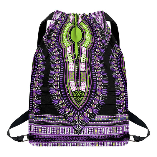 Black And Purple African Dashiki Print Drawstring Backpack