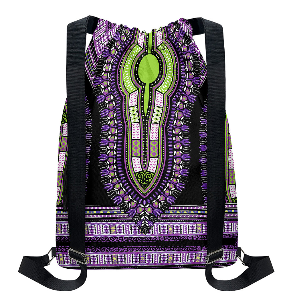 Black And Purple African Dashiki Print Drawstring Backpack