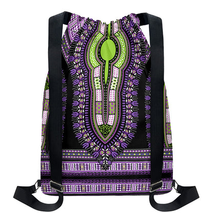 Black And Purple African Dashiki Print Drawstring Backpack