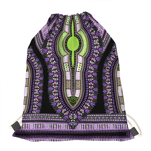 Black And Purple African Dashiki Print Drawstring Bag