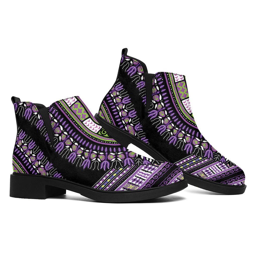 Black And Purple African Dashiki Print Flat Ankle Boots