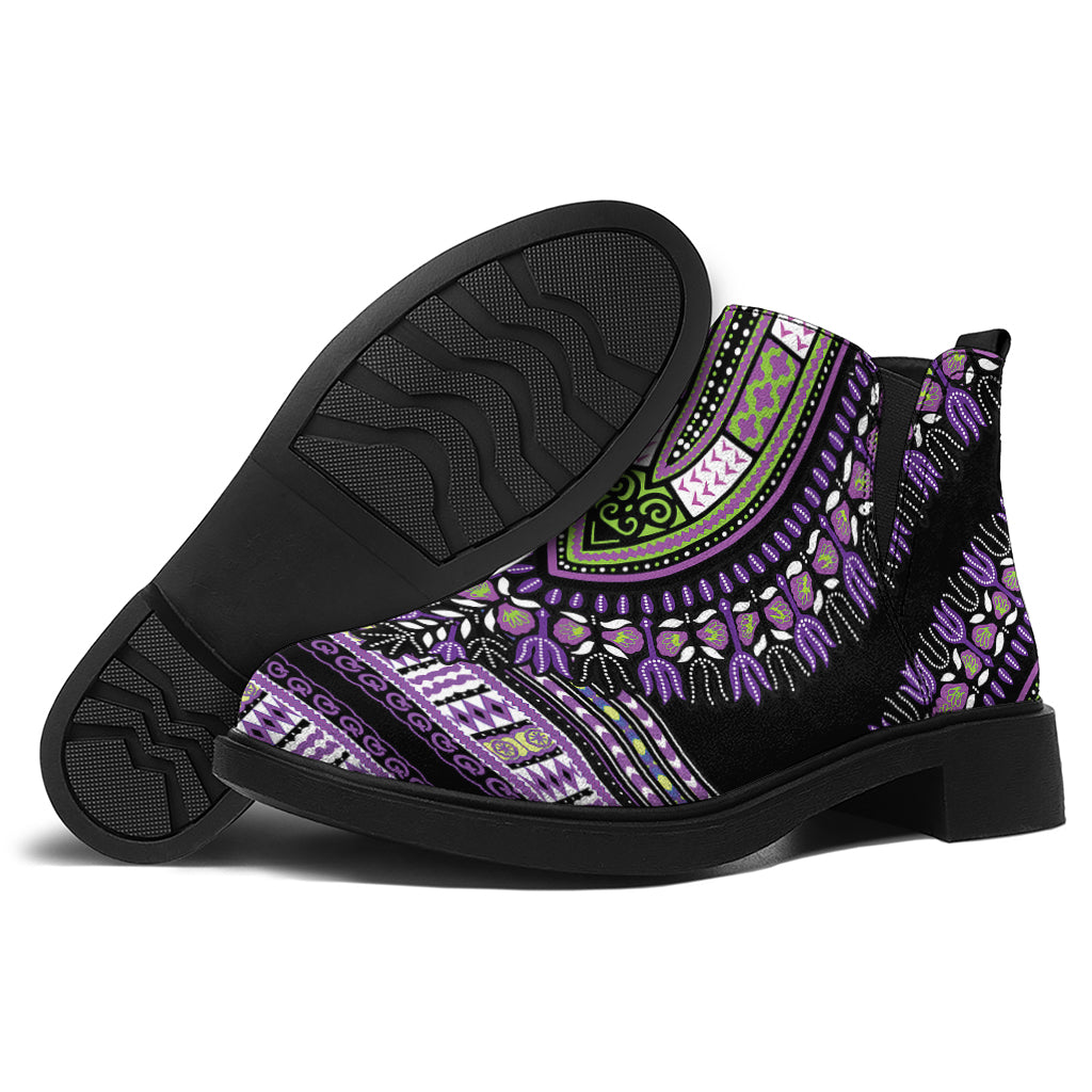 Black And Purple African Dashiki Print Flat Ankle Boots