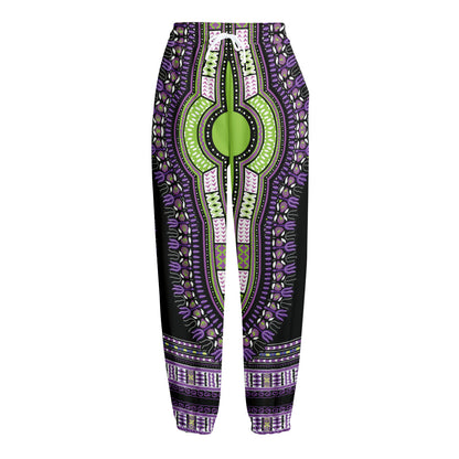 Black And Purple African Dashiki Print Fleece Lined Knit Pants
