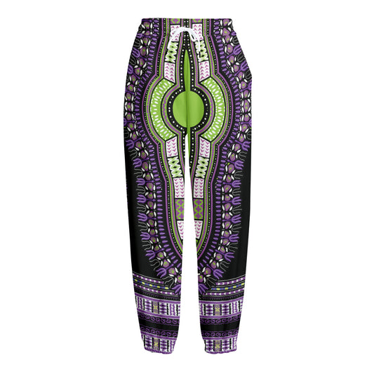 Black And Purple African Dashiki Print Fleece Lined Knit Pants