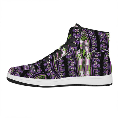 Black And Purple African Dashiki Print High Top Leather Sneakers