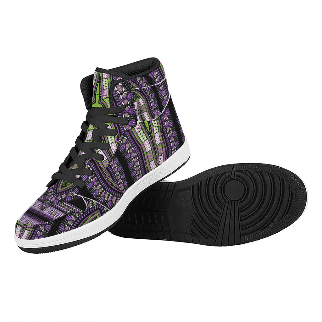 Black And Purple African Dashiki Print High Top Leather Sneakers