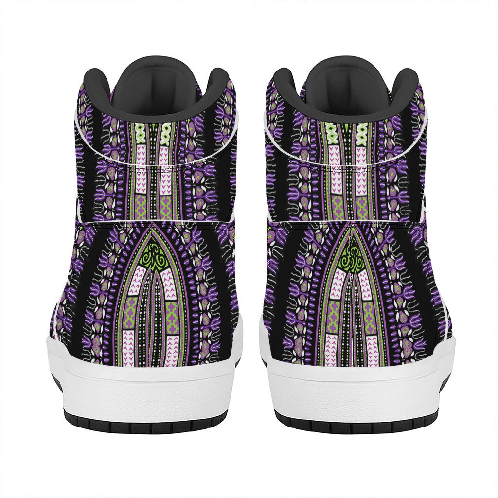 Black And Purple African Dashiki Print High Top Leather Sneakers