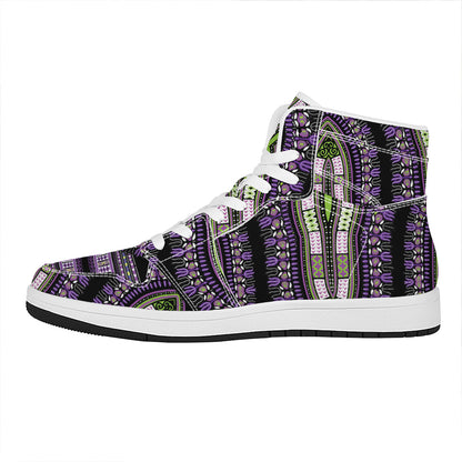 Black And Purple African Dashiki Print High Top Leather Sneakers