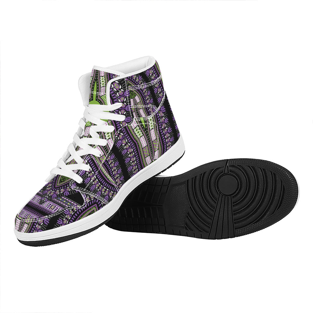 Black And Purple African Dashiki Print High Top Leather Sneakers
