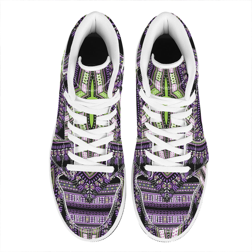 Black And Purple African Dashiki Print High Top Leather Sneakers