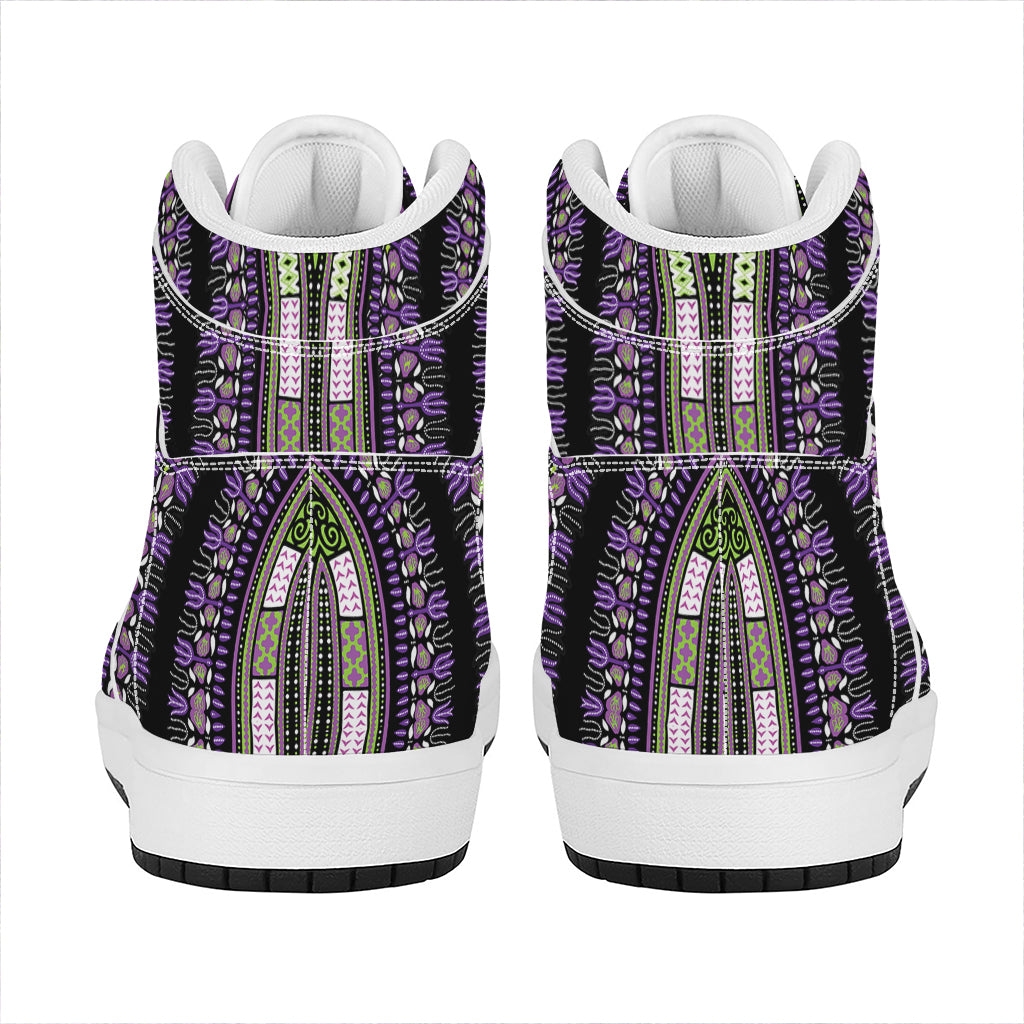 Black And Purple African Dashiki Print High Top Leather Sneakers