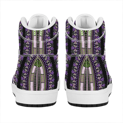 Black And Purple African Dashiki Print High Top Leather Sneakers