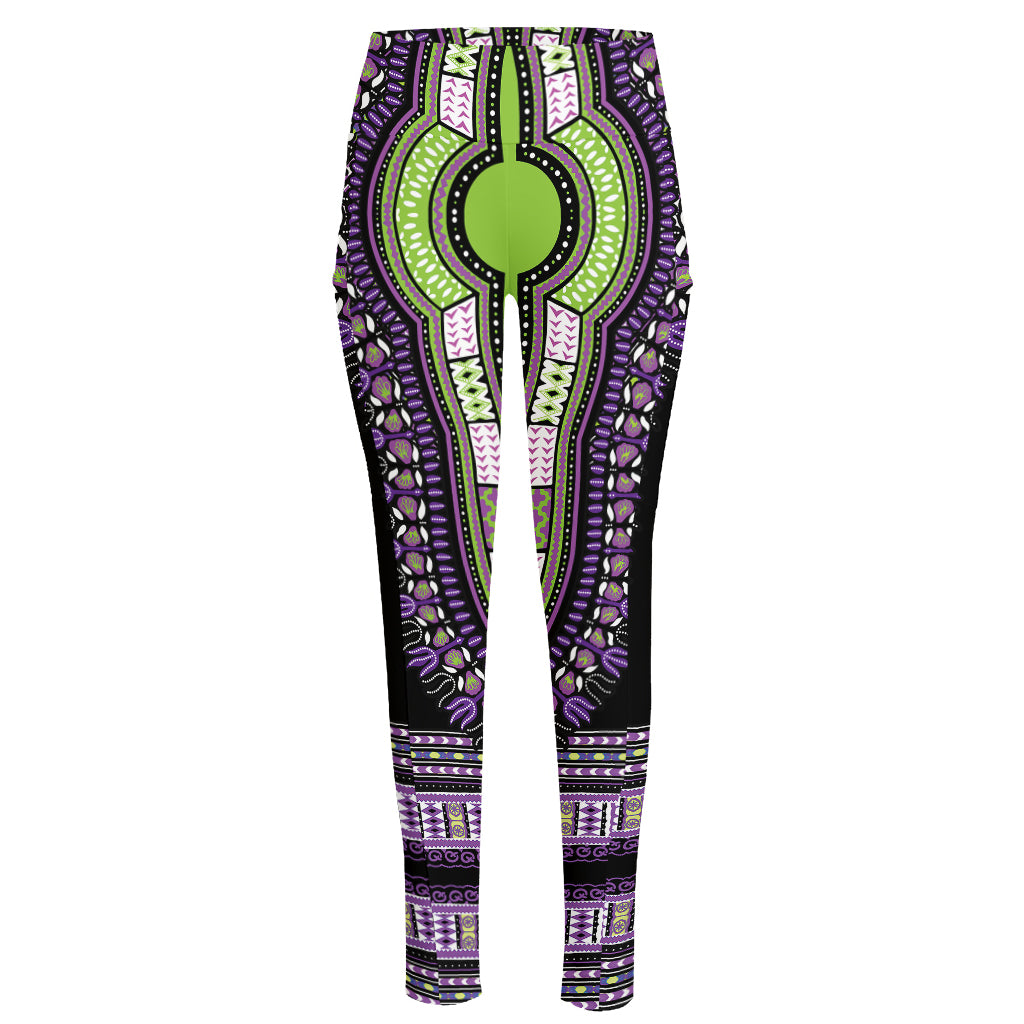 Black And Purple African Dashiki Print High-Waisted Pocket Leggings