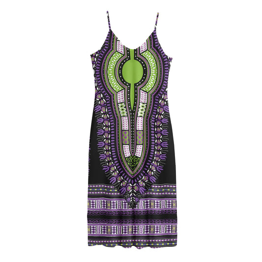 Black And Purple African Dashiki Print Jersey Midi Cami Dress