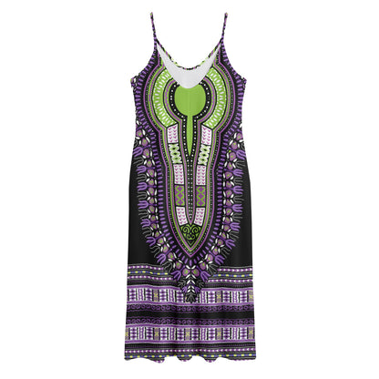 Black And Purple African Dashiki Print Jersey Midi Cami Dress