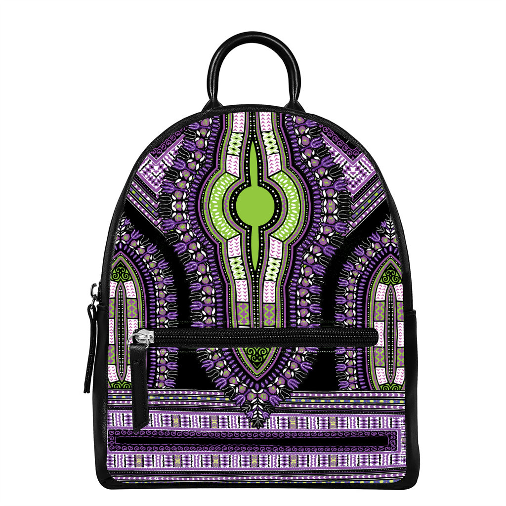 Black And Purple African Dashiki Print Leather Backpack