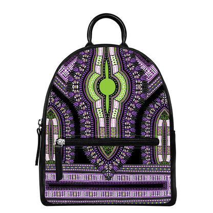 Black And Purple African Dashiki Print Leather Backpack