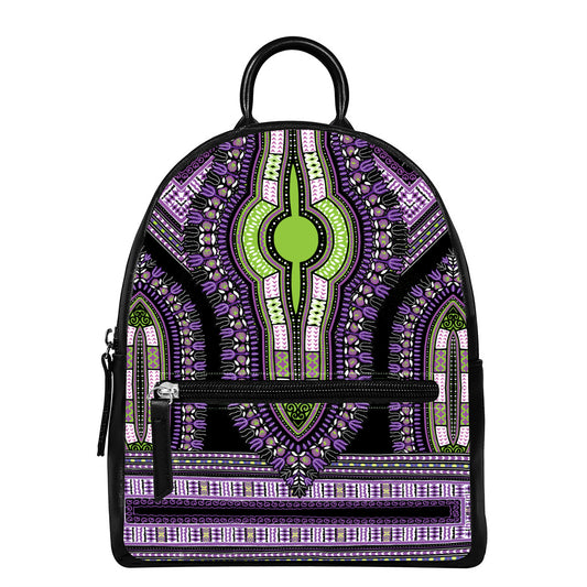 Black And Purple African Dashiki Print Leather Backpack