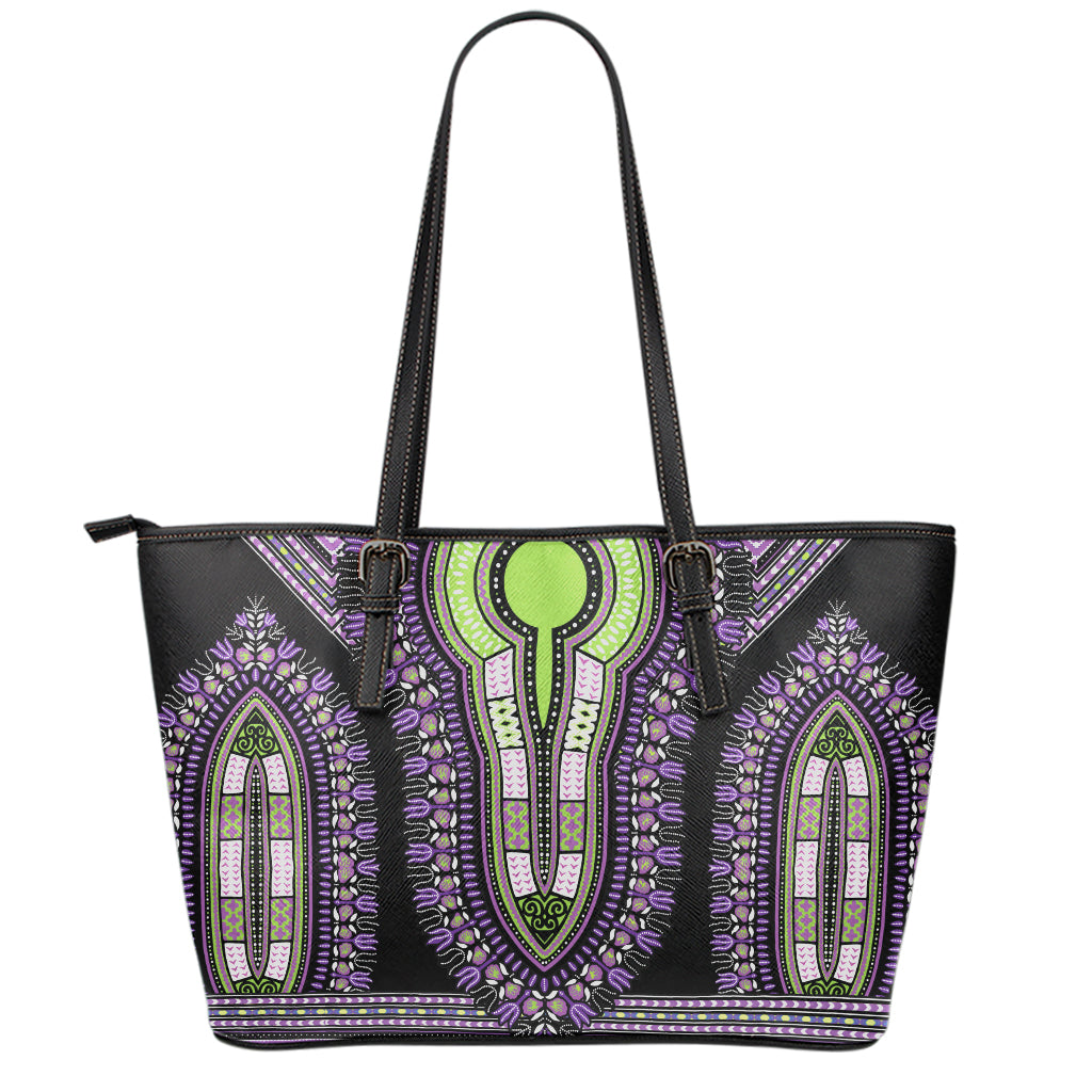Black And Purple African Dashiki Print Leather Tote Bag