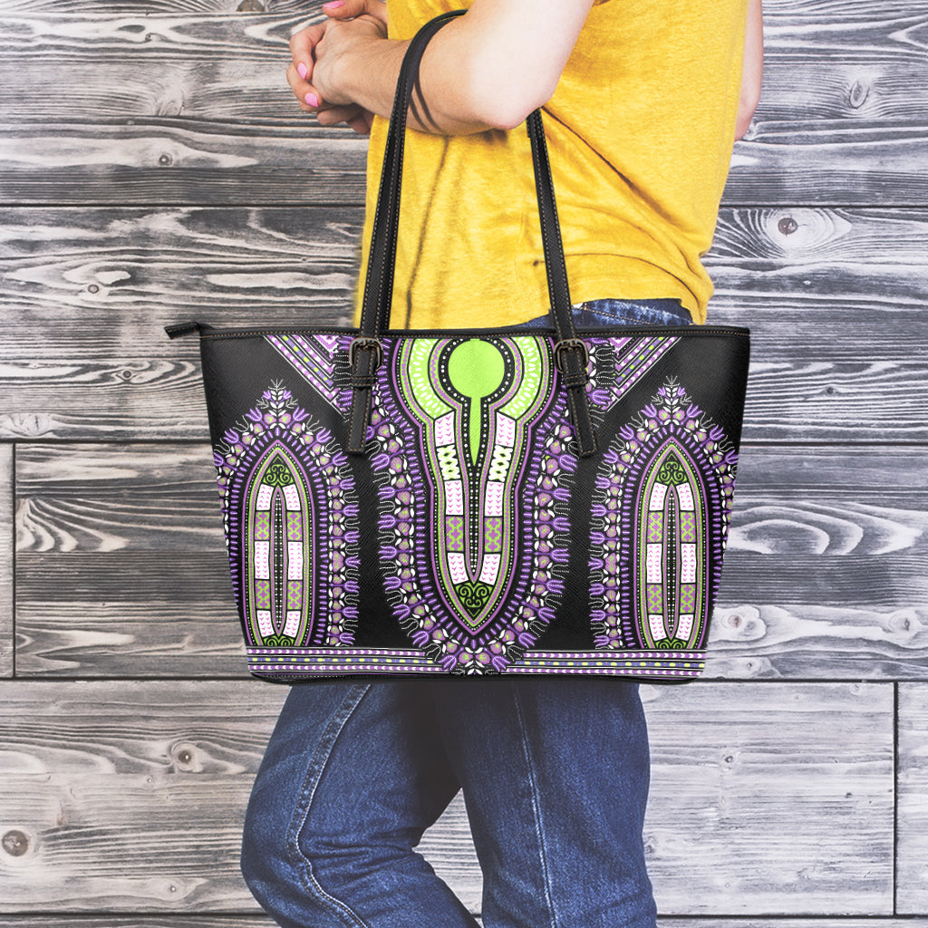 Black And Purple African Dashiki Print Leather Tote Bag