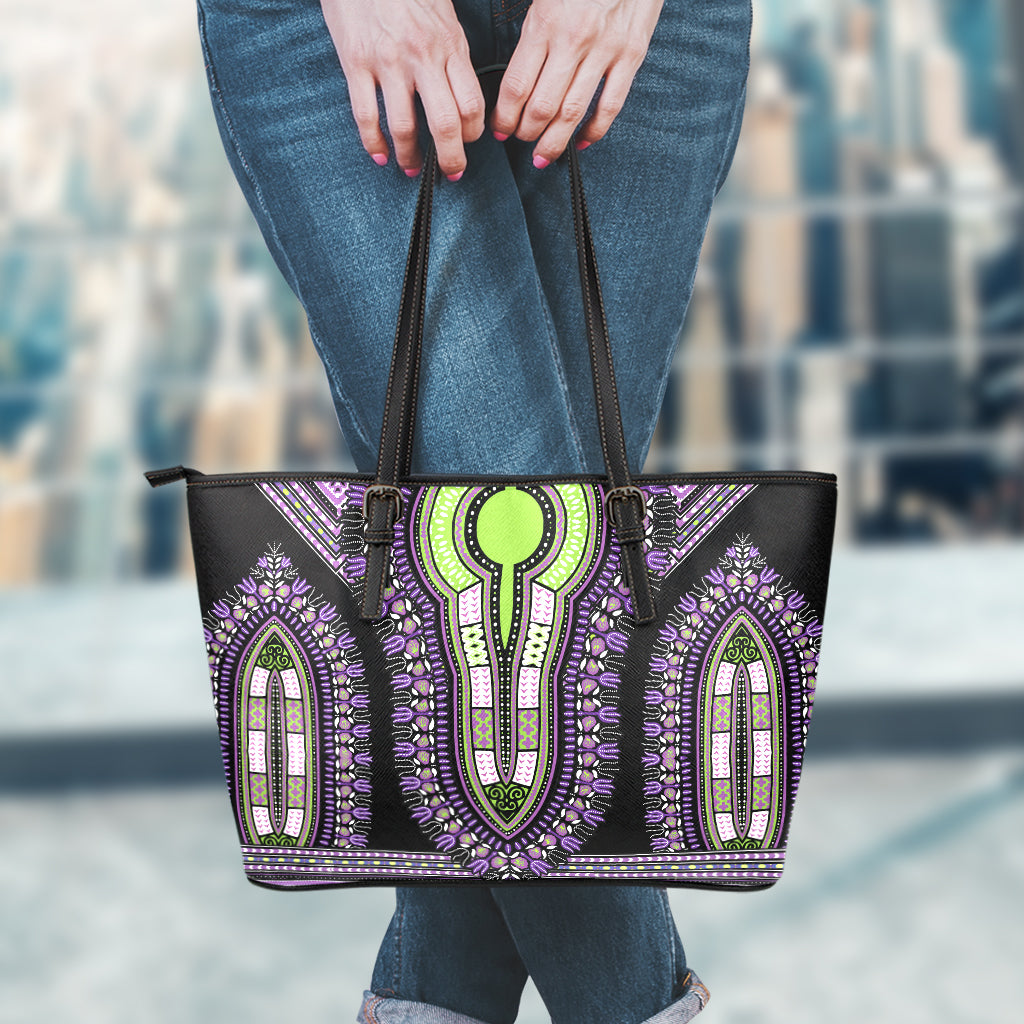 Black And Purple African Dashiki Print Leather Tote Bag