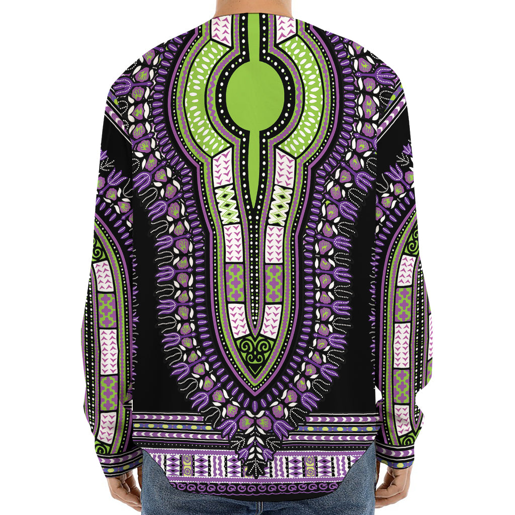 Black And Purple African Dashiki Print Long Sleeve Baseball Jersey