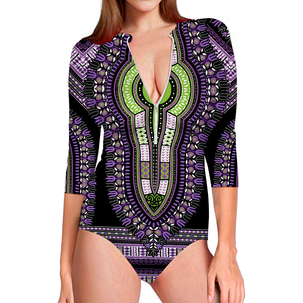 Black And Purple African Dashiki Print Long Sleeve Swimsuit