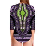 Black And Purple African Dashiki Print Long Sleeve Swimsuit