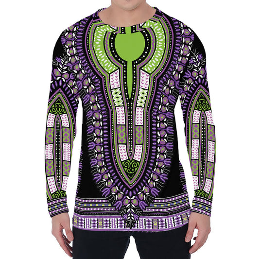 Black And Purple African Dashiki Print Men's Long Sleeve T-Shirt