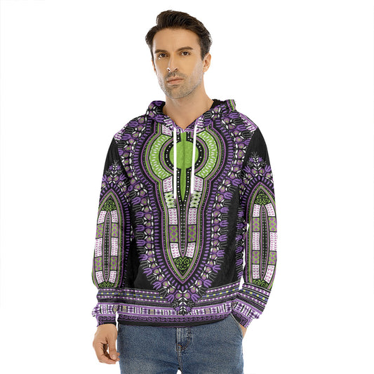 Black And Purple African Dashiki Print Men's Velvet Pullover Hoodie