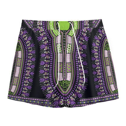 Black And Purple African Dashiki Print Mesh Shorts