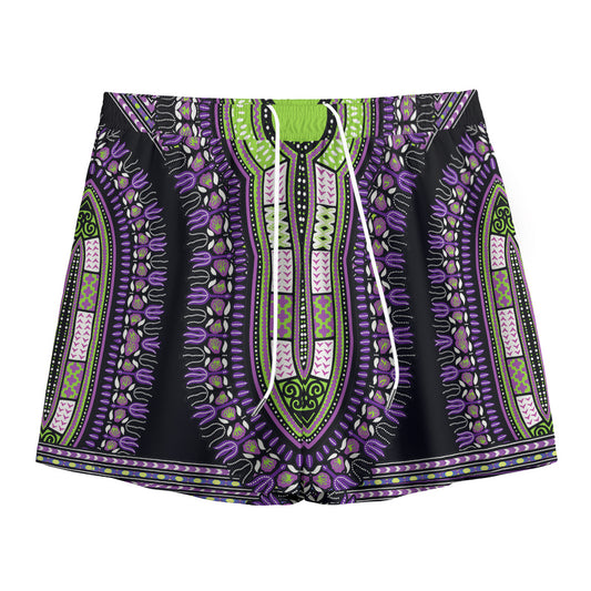 Black And Purple African Dashiki Print Mesh Shorts