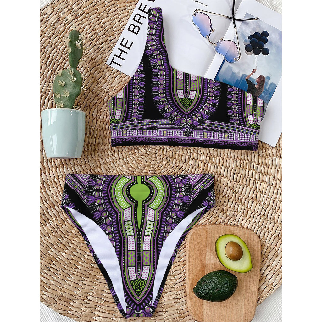 Black And Purple African Dashiki Print One Shoulder Bikini Top