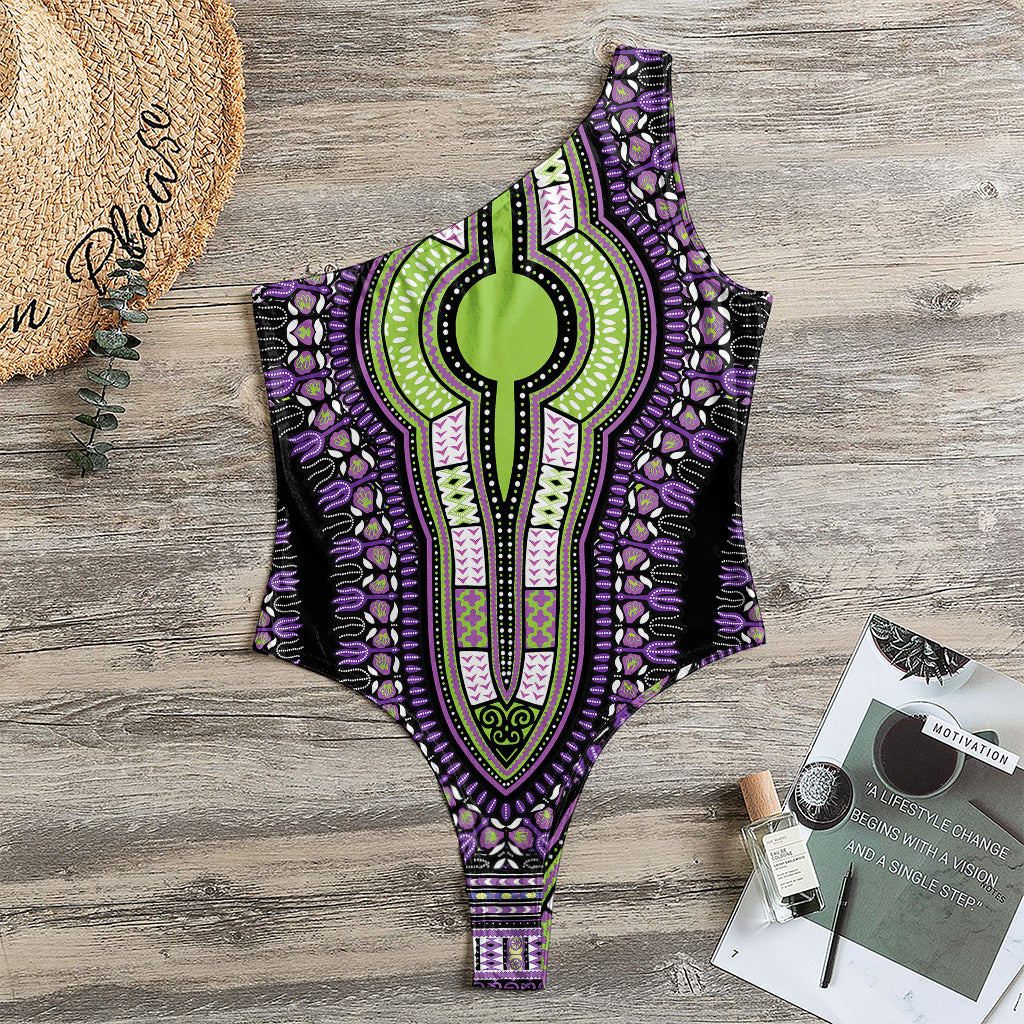 Black And Purple African Dashiki Print One Shoulder Bodysuit