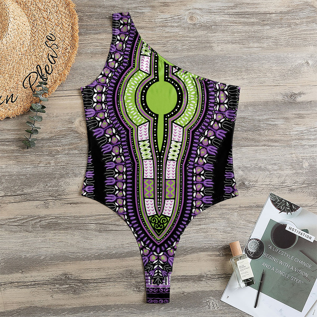 Black And Purple African Dashiki Print One Shoulder Bodysuit
