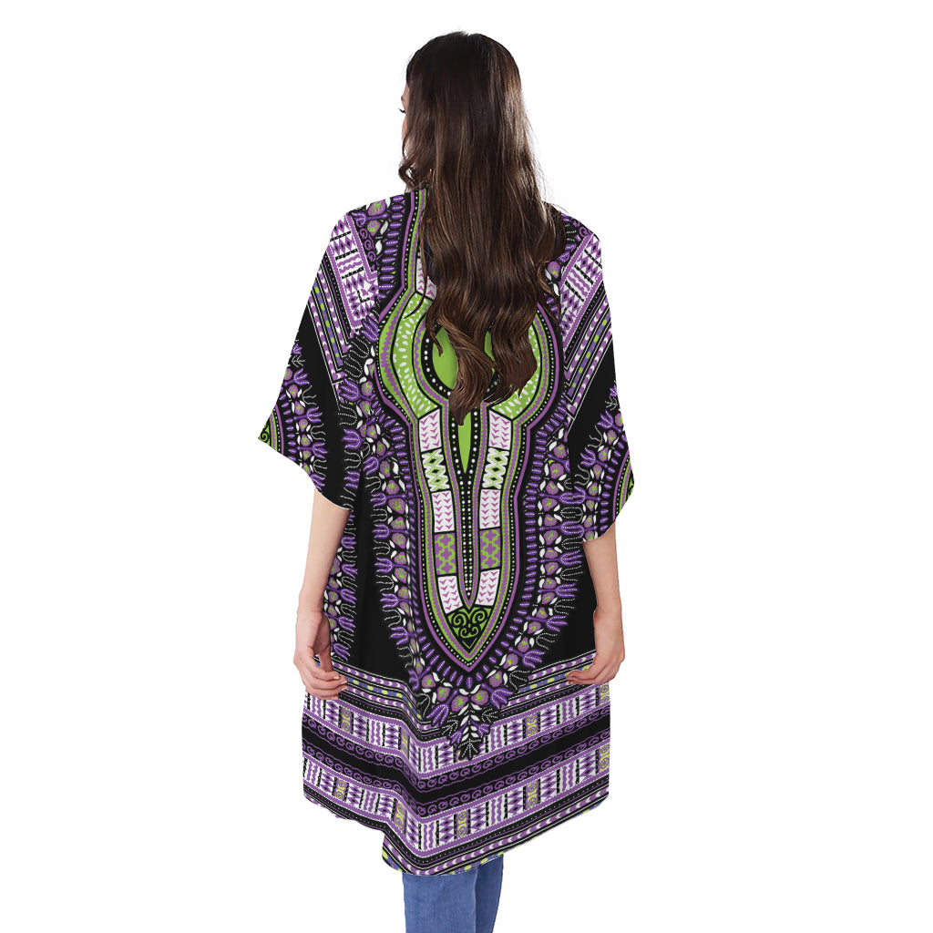 Black And Purple African Dashiki Print Open Front Beach Cover Up