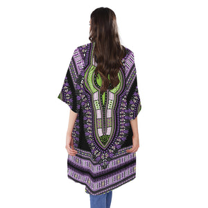 Black And Purple African Dashiki Print Open Front Beach Cover Up