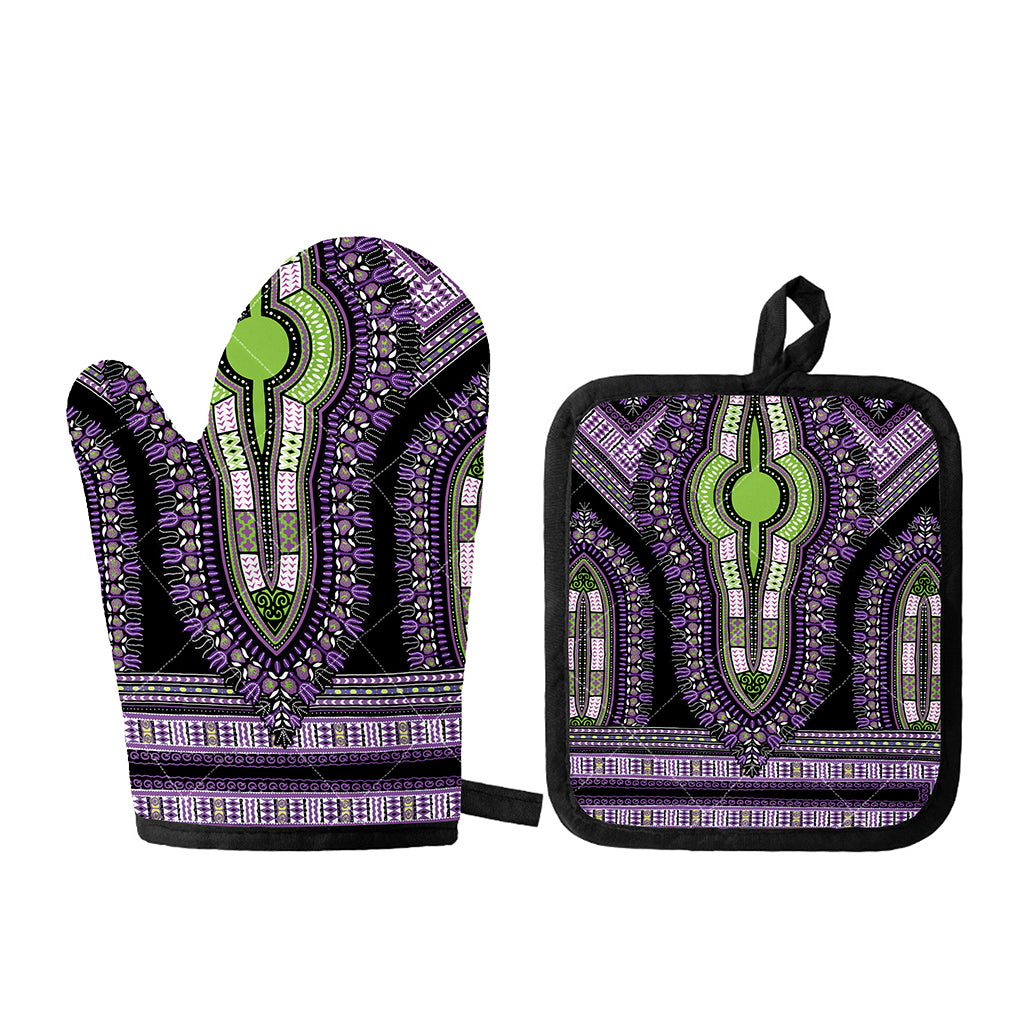 Black And Purple African Dashiki Print Oven Mitt And Pot Holder Set
