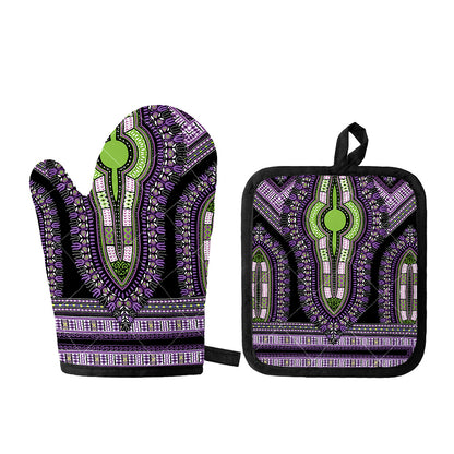 Black And Purple African Dashiki Print Oven Mitt And Pot Holder Set