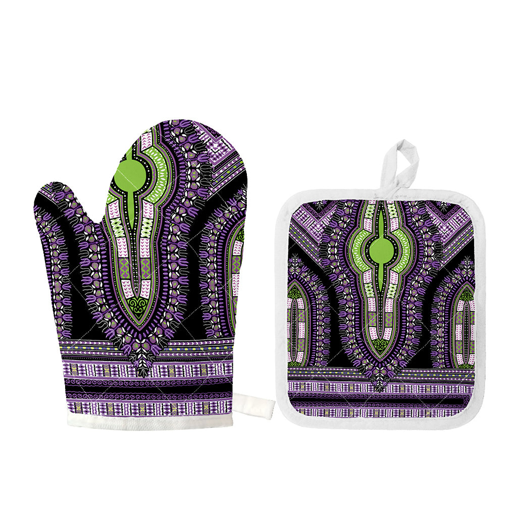 Black And Purple African Dashiki Print Oven Mitt And Pot Holder Set