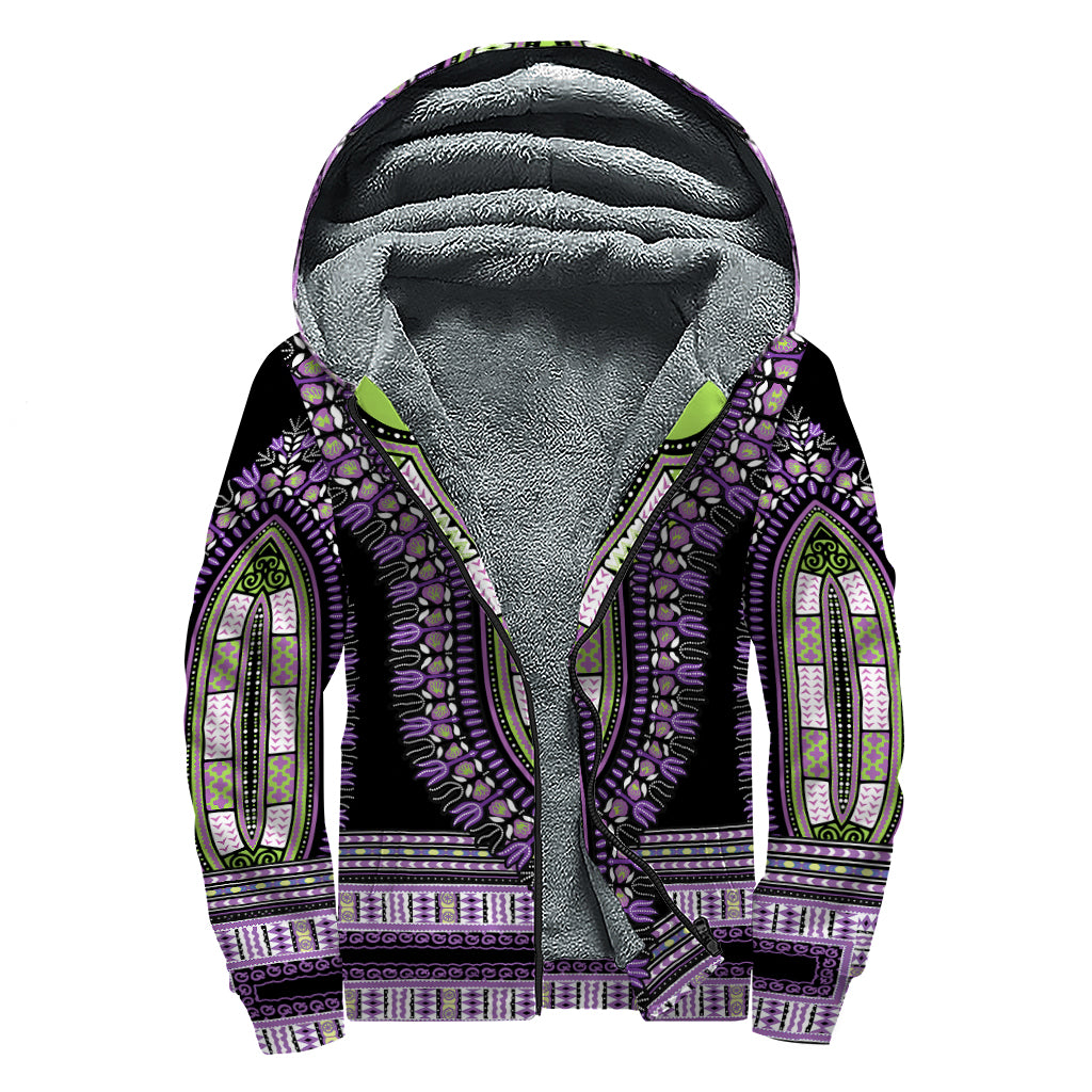 Black And Purple African Dashiki Print Sherpa Lined Zip Up Hoodie